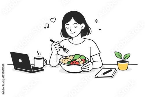 Healthy eating lifestyle people. Person enjoying a colorful bowl with vegetables and grains at a desk or table. Simple pleasure, nourishment, and work-life