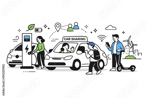 Electric and shared vehicles. Calm scene of people using electric cars or car-sharing services, emphasizing clean energy and convenience. Editorial