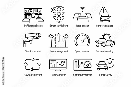 Traffic Management. Line icon set of Traffic Management: traffic control center, smart traffic light, road sensor, congestion alert, traffic camera, lane