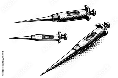 Laboratory pipette displayed as a single object in side view, top view, and angled perspective emphasizing elongated tube and tapered tip with realistic