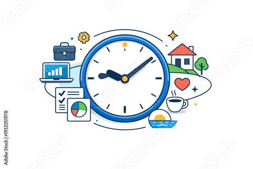 Work life integration focused on time awareness illustrated by a clock connecting professional tasks and personal moments, suggesting mindful scheduling and