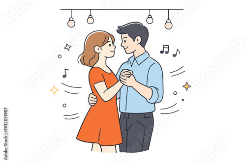 Romantic couple slow dancing. Two characters gently holding hands and swaying under small hanging lights, soft smiles and calm eye contact creating an intimate