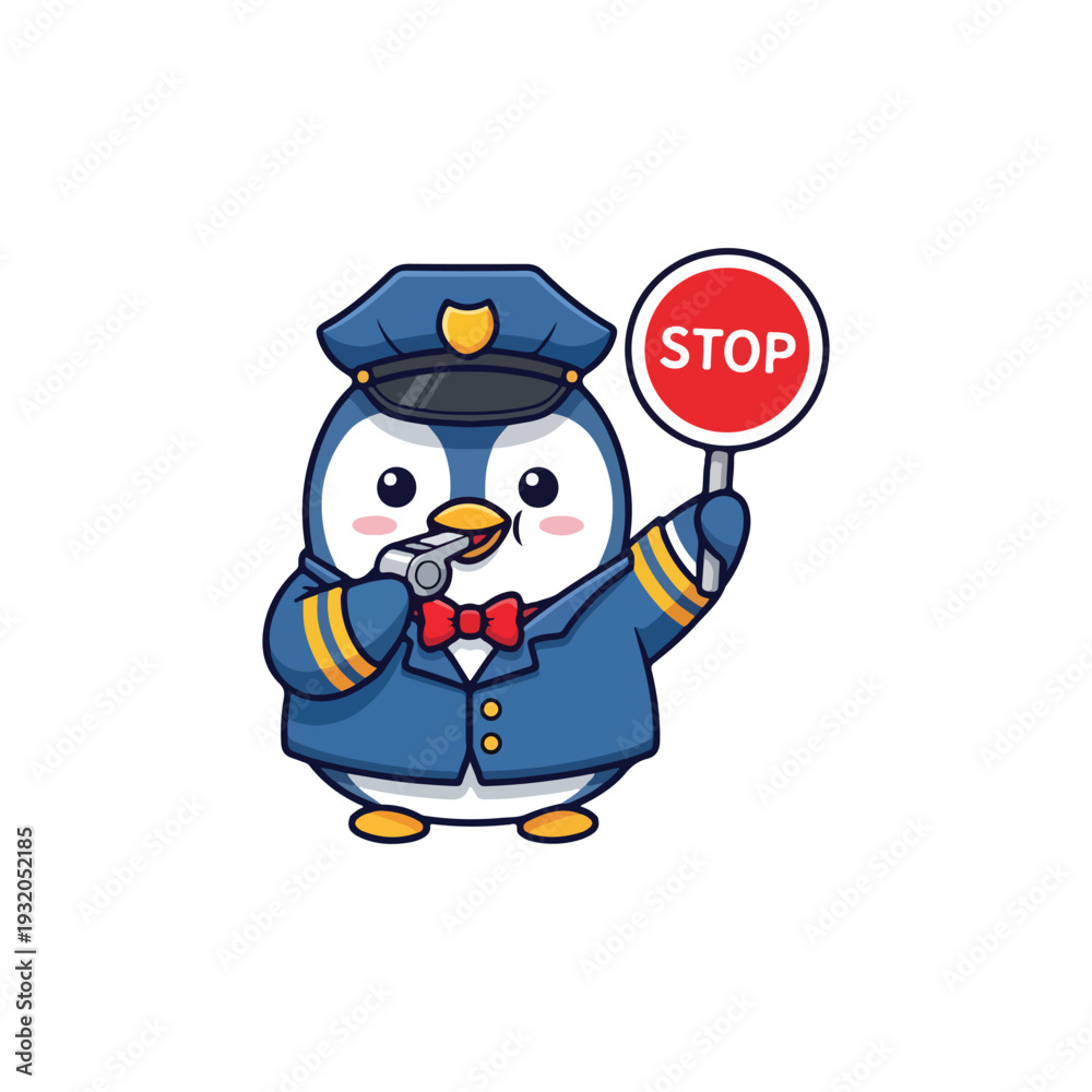 Obraz premium Cute Penguin Police Officer Holding Stop Sign Cartoon Mascot Vector Illustration Isolated