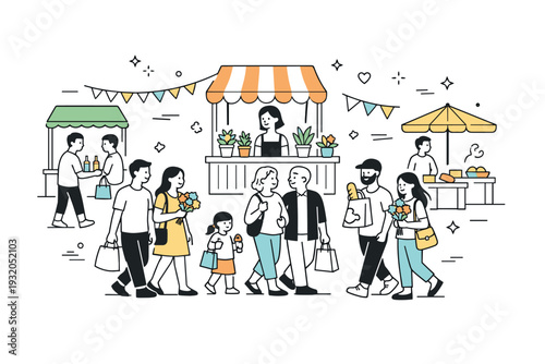Weekend spring market. Families and couples walking between stalls, carrying small bags and flowers. The scene suggests leisure and community, friendly and