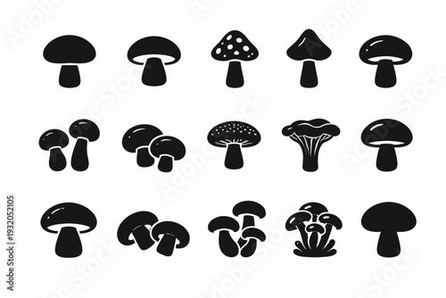 Mushrooms. Solid icon set of Mushrooms: mushroom cap, mushroom stem, toadstool, forest mushroom, wild mushroom, button mushroom, shiitake mushroom, chanterelle