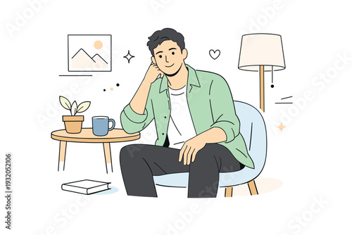 Modern masculinity soft aesthetics. A calm male figure in a minimal interior, relaxed posture and gentle expression. Quiet confidence and emotional openness