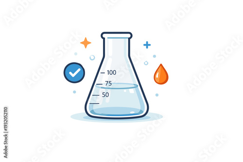 Chemistry flasks centered on clean laboratory processes illustrated by a minimal flask with clear liquid and precise measurement marks, expressing accuracy and