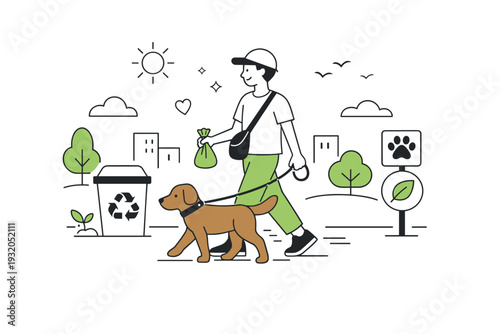 Eco-conscious dog walking. A person walking a dog using biodegradable bags in a green urban space. Responsible behavior and harmony with nature in everyday