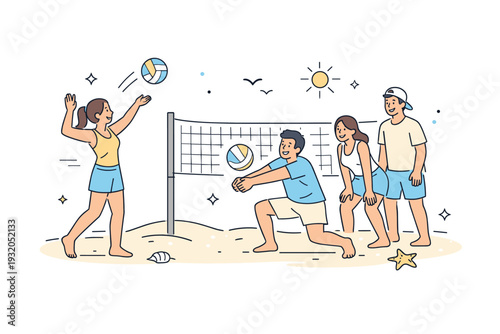 Casual beach volleyball games. Friends playing an easygoing volleyball match on the beach, light movements and smiling expressions. Fun, social energy and