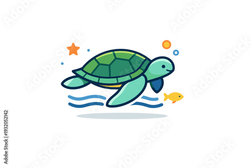 Ocean wildlife mini set illustrating a sea turtle gliding gently through water, symbolizing longevity, calm movement and natural harmony. Minimalist flat