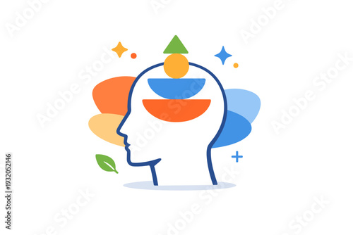 Mental health awareness emotional resilience highlighting inner strength, shown through a calm head silhouette with soft abstract shapes aligning into balance.