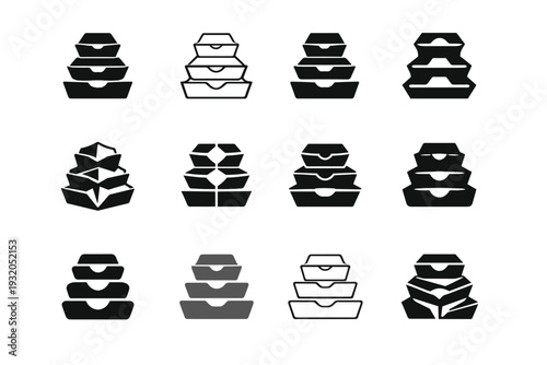 takeout containers. Icon set. Set Logo of takeout containers: stacked takeout boxes. harmonious logo variations of the same emblematic concept, each with