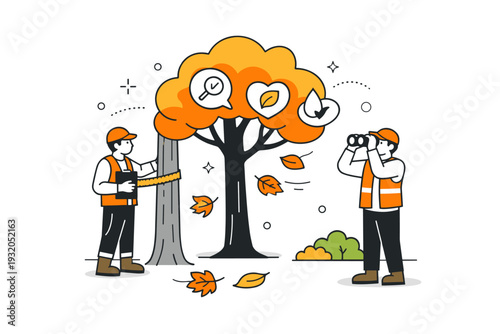 Seasonal tree check-up. Urban worker measuring tree trunk and checking canopy health in autumn, floating icons of falling leaves and soft shapes reinforcing