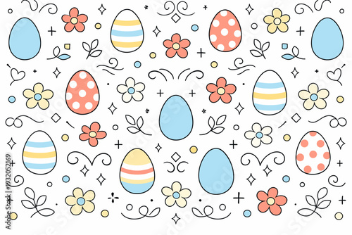 Easter decorative pattern. Playful but calm repeating pattern with eggs, flowers, and light ornamental shapes. Soft seasonal mood with clean modern structure.