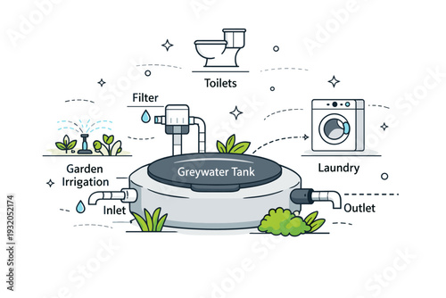Greywater collection tank. A backyard scene with a low-profile tank collecting filtered greywater, surrounded by pipes, plants, and labels for use zones. The