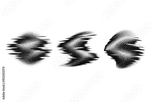 Halftone distortion glitch effect A distortion glitch effect overlay shown in straight-on view, side-angled view, and three-quarter view emphasizing warped dot