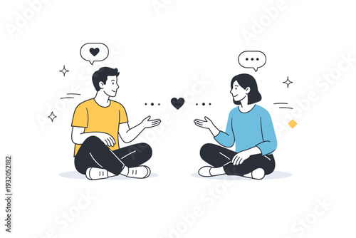 Healthy relationships. Two people interacting with clear space between them, balanced and equal positioning. The illustration suggests mutual respect, comfort