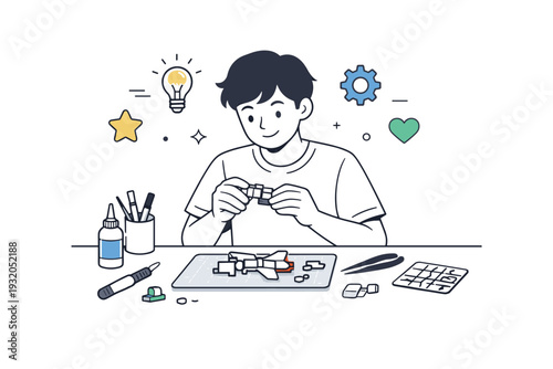 Hands-on hobbies. Person assembling a small model or crafting with simple tools on a desk. Focused manual work and satisfaction, minimal icons floating nearby.