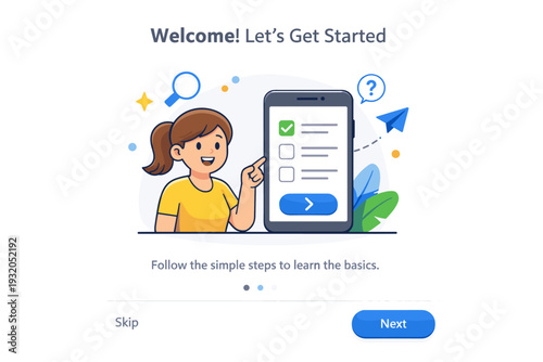 App onboarding flow focused on step by step orientation and intuitive navigation for new users. A friendly and reassuring scene expressing ease of use and