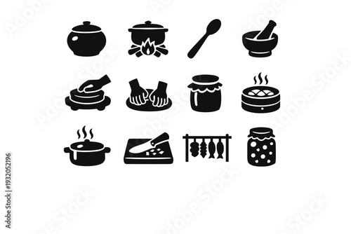 Traditional Cooking. Solid icon set of Traditional Cooking: clay pot, open fire cooking, wooden spoon, mortar and pestle, hand grinding grains, dough kneading