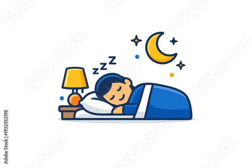 Sleep hygiene focused on a calm bedroom scene with a person resting peacefully beside a simple bedside lamp and moon icon. The illustration conveys consistency