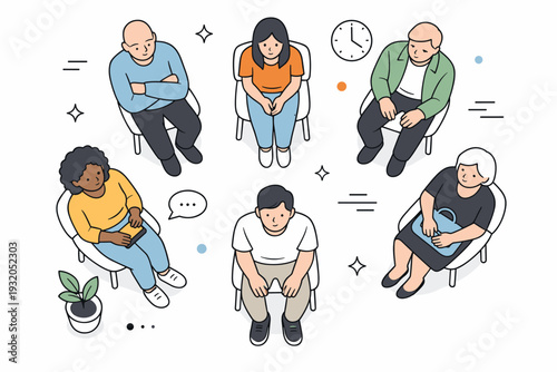 Resting faces realism. Overhead view of several people in a waiting room, all with quiet resting faces?no smiles, no tension?just passive presence. Collective