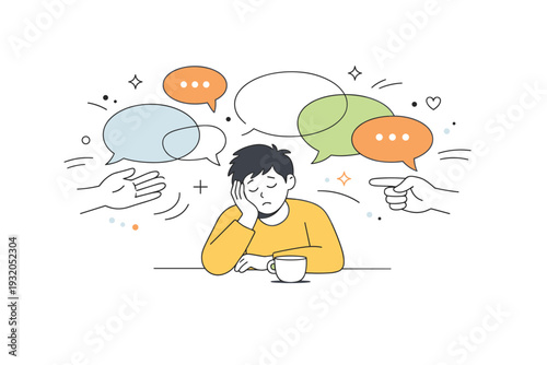 Social sensory overload. A calm scene showing a person in a social setting with overlapping speech bubbles and gestures represented abstractly. The mood