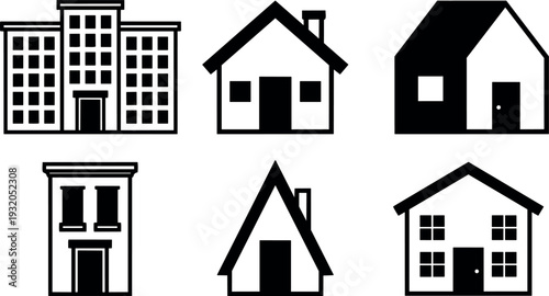 Minimalist flat design house and building icon set six views front and side simple black vector for web and print