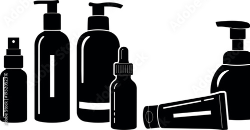 Flat design silhouette close up cosmetic bottles and tubes arranged on white background with clean minimalist studio lighting soft shadow