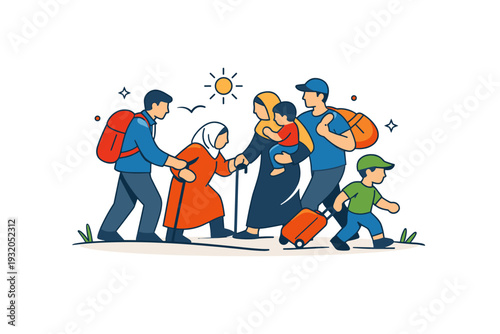 Refugees fleeing disaster expressed as a compact scene of people supporting each other while moving forward, highlighting solidarity, dignity, and perseverance