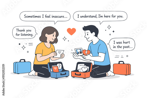 Managing emotional baggage in relationships. Two partners standing calmly with small symbolic suitcases beside them, gently opening and discussing what?s