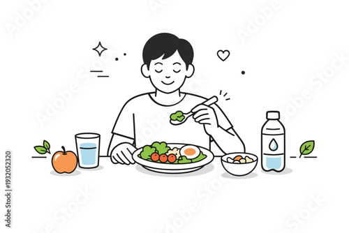 Healthy food ? modern lifestyle. A person enjoying a simple nutritious meal with minimal table setting, expressing balance and self-care. Friendly proportions