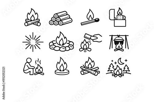 Camping Fire. Line icon set of Camping Fire: campfire setup, stacked firewood, matchstick flame, lighter fire, ignition spark, safety stones, fire control,