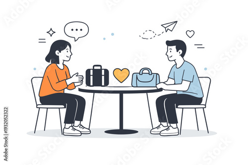 Open communication and trust. Two people sitting across from each other at a small table, symbolic luggage icons placed between them as they talk openly. Calm