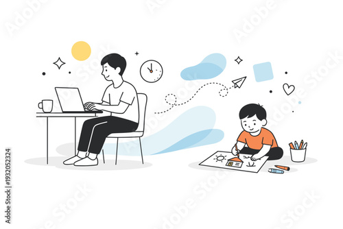 Modern parenthood. Parent working on a laptop while a child draws nearby on the floor. Calm balance between work and family life, soft abstract shapes floating