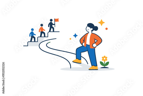 Late bloomers shown as a confident figure stepping onto a simple path later than others, conveying self-acceptance, resilience, and non-linear life journeys. A