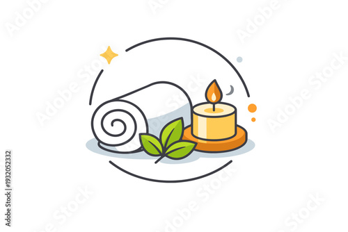 Home spa day concept illustrated by a rolled towel, candle and small leaf accent arranged in a harmonious circle that suggests calm and self care rituals. The