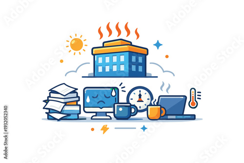 Office without air conditioning as a management and infrastructure issue shown by a building icon radiating heat while paperwork and devices inside struggle,