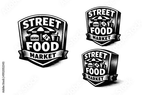 Local market badge ? street food market emblem. A street food market badge presented as one object in three different views emphasizing bold shapes and compact
