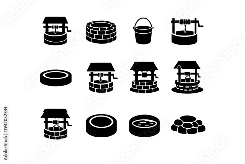 Well. Solid icon set of Well: water well, stone well, bucket well, rope pulley well, open well top, covered well roof, village well, garden well, traditional