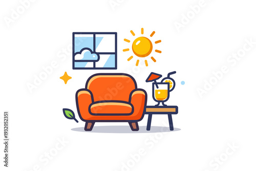 Staycation vibes centered around a cozy home armchair paired with a tropical drink and a small sun icon shining through a window, blending relaxation and