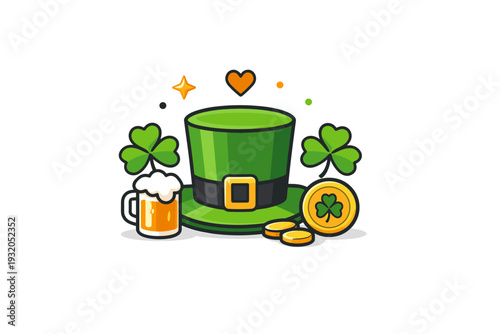 St Patrick?s Day celebration cozy festive scene built around a simple leprechaun hat and clover leaves, creating a playful and welcoming visual metaphor for