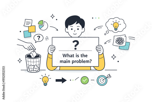 Define the problem. A person organizing notes and symbols into a clear central card, removing distractions around. Scene focuses on clarity, synthesis, and