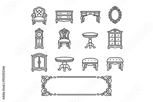 Antique furniture. Line icon set of Antique furniture: vintage armchair, wooden dresser, classic writing desk, ornate mirror, grandfather clock, carved chair,