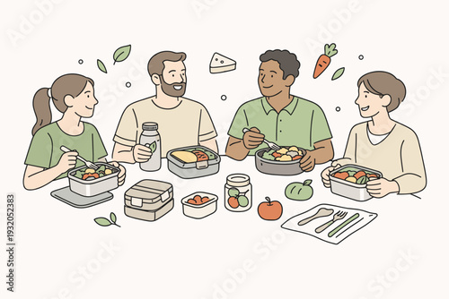 Eco-friendly coworking lunch habit. A shared lunch scene with coworkers using reusable containers and eating locally sourced food. The environment feels