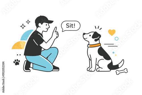 Dog training moment. A person giving a simple command to a dog sitting attentively, showing trust and learning. The atmosphere is focused yet friendly, with