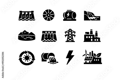 Hydroelectric Plants. Solid icon set of Hydroelectric Plants: hydroelectric dam, water turbine, power generator, flowing water channel, reservoir lake,