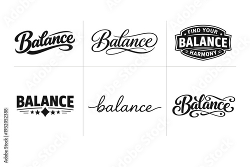 Balance. Set lettering. harmonious lettering variations of the same emblematic concept, each with different artistic interpretation (Bold hand-lettering with