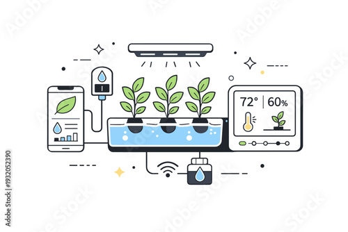 Smart hydroponic system. Technology-assisted farming with sensors, screens, and automated care. Minimal scene combining plants and digital controls with calm