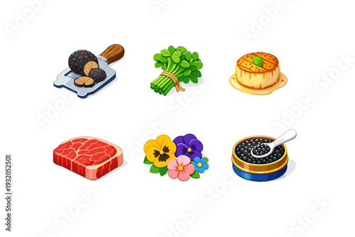 Gourmet Ingredients. Isometric flat vector icons set of Gourmet Ingredients: truffle with slicer, fresh microgreens bundle, seared scallop with golden crust,
